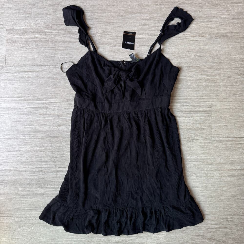 Forever 21+ Black Sleeveless Ruffle Hem Mini Dress Women’s Size 0X Bow Front NWT